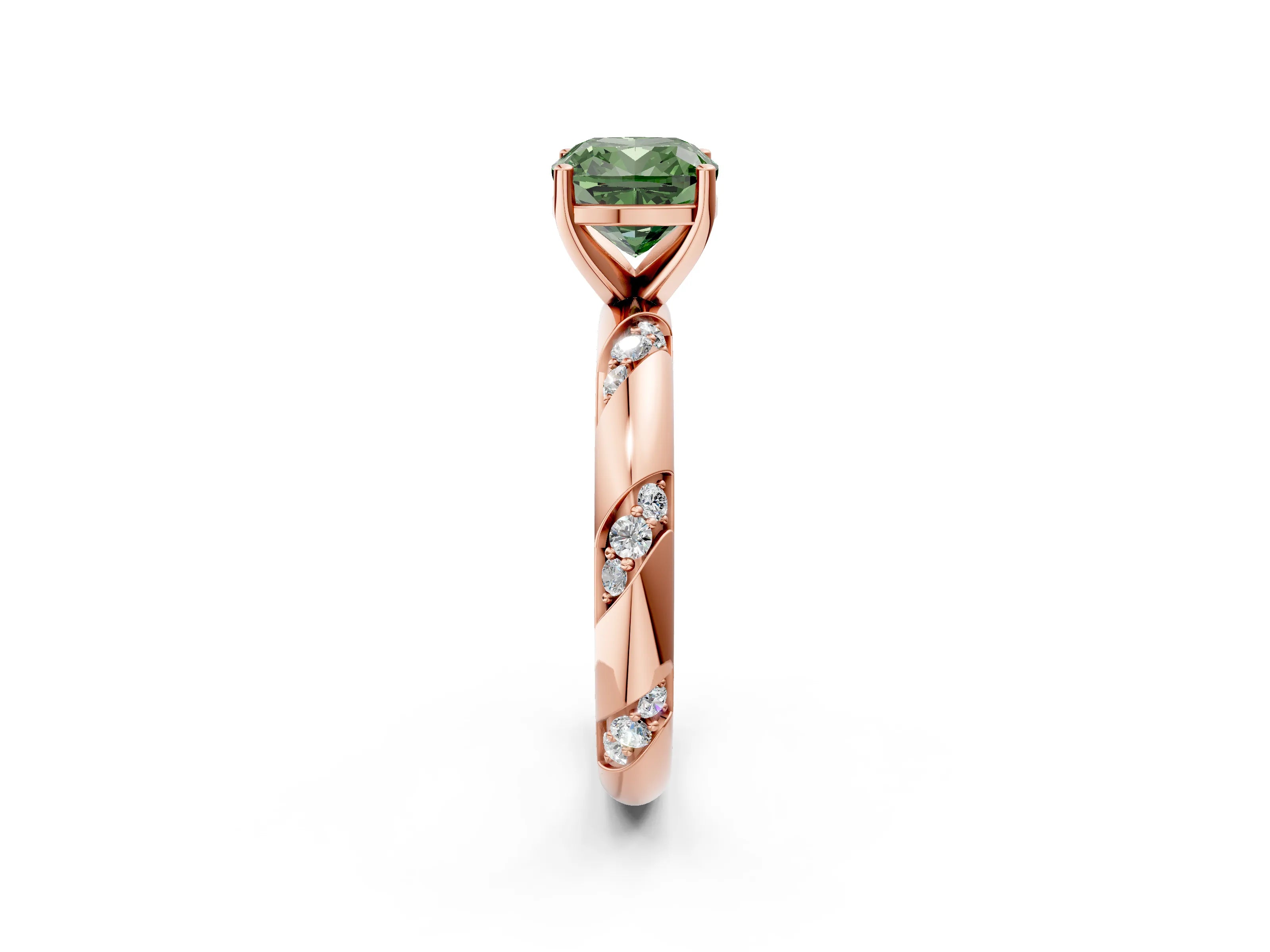 Rose gold Fancy Green Cushion Cut Solitaire Diamond Engagement Ring with Twisted Pave Band and Four-Prong Setting_5