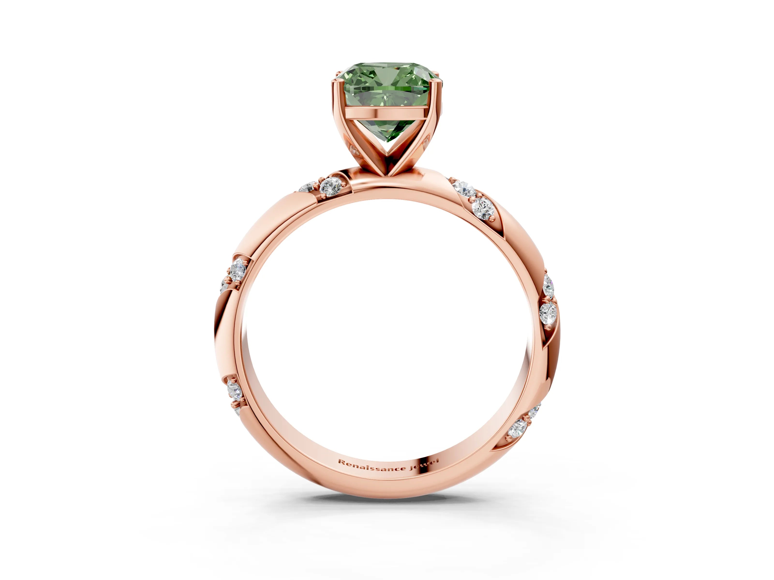 Rose gold Fancy Green Cushion Cut Solitaire Diamond Engagement Ring with Twisted Pave Band and Four-Prong Setting_6