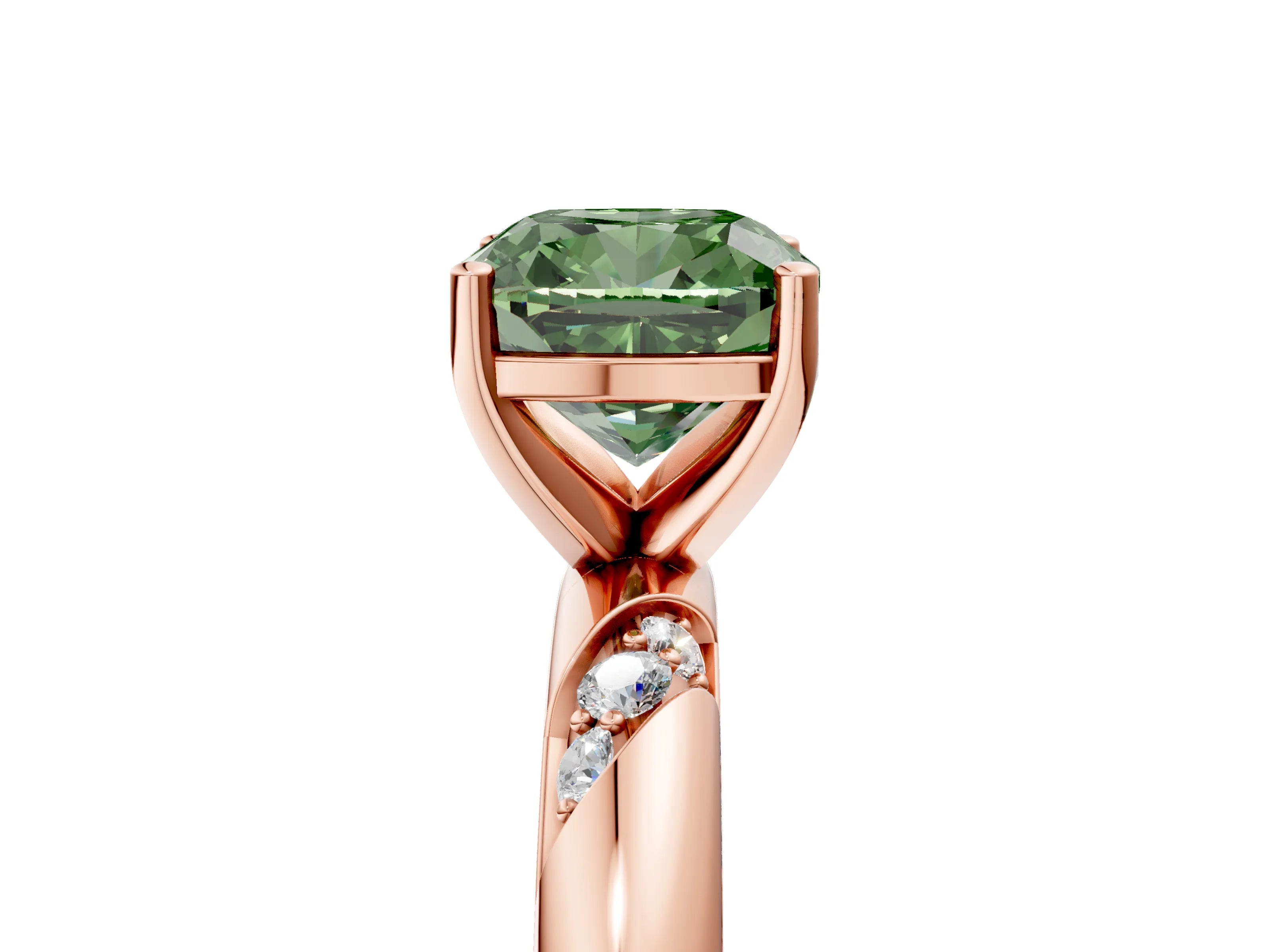 Rose gold Fancy Green Cushion Cut Solitaire Diamond Engagement Ring with Twisted Pave Band and Four-Prong Setting_8