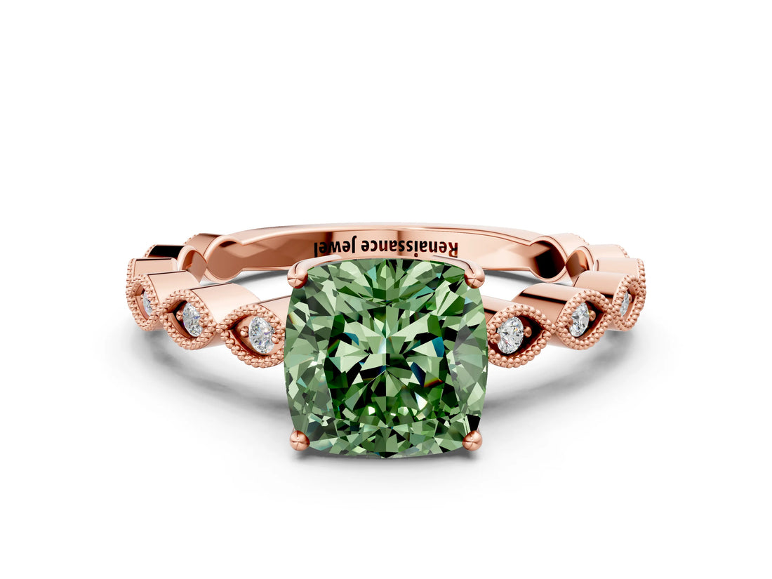 Rose gold Fancy Green Cushion Cut Solitaire Diamond Ring with Infinity Twist Band and Four-Prong Setting_12