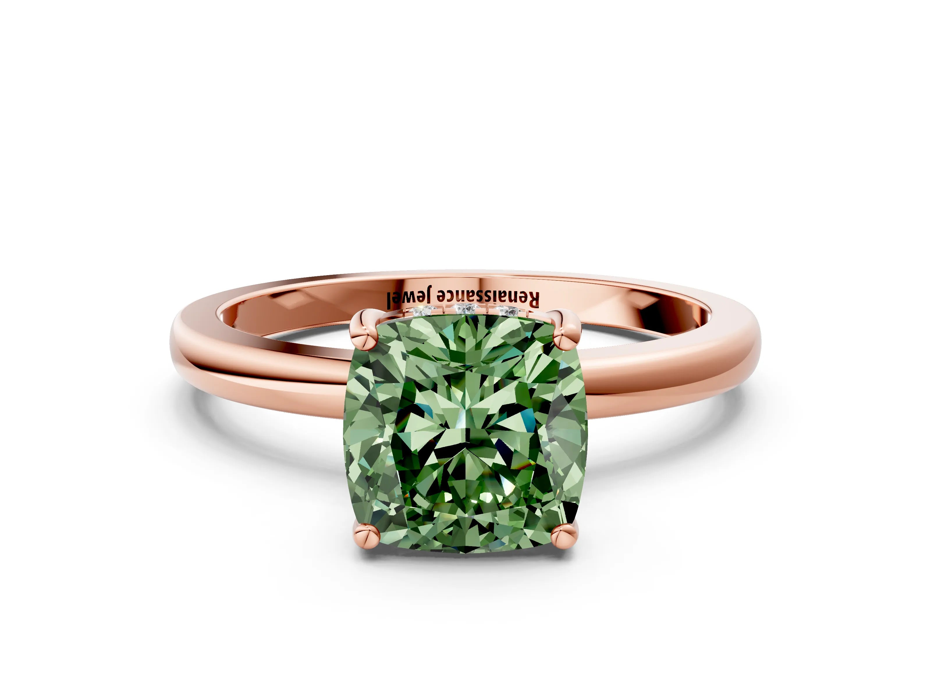 Rose gold Fancy Green Cushion Cut Solitaire Diamond Ring with Prong Setting and Plain Band