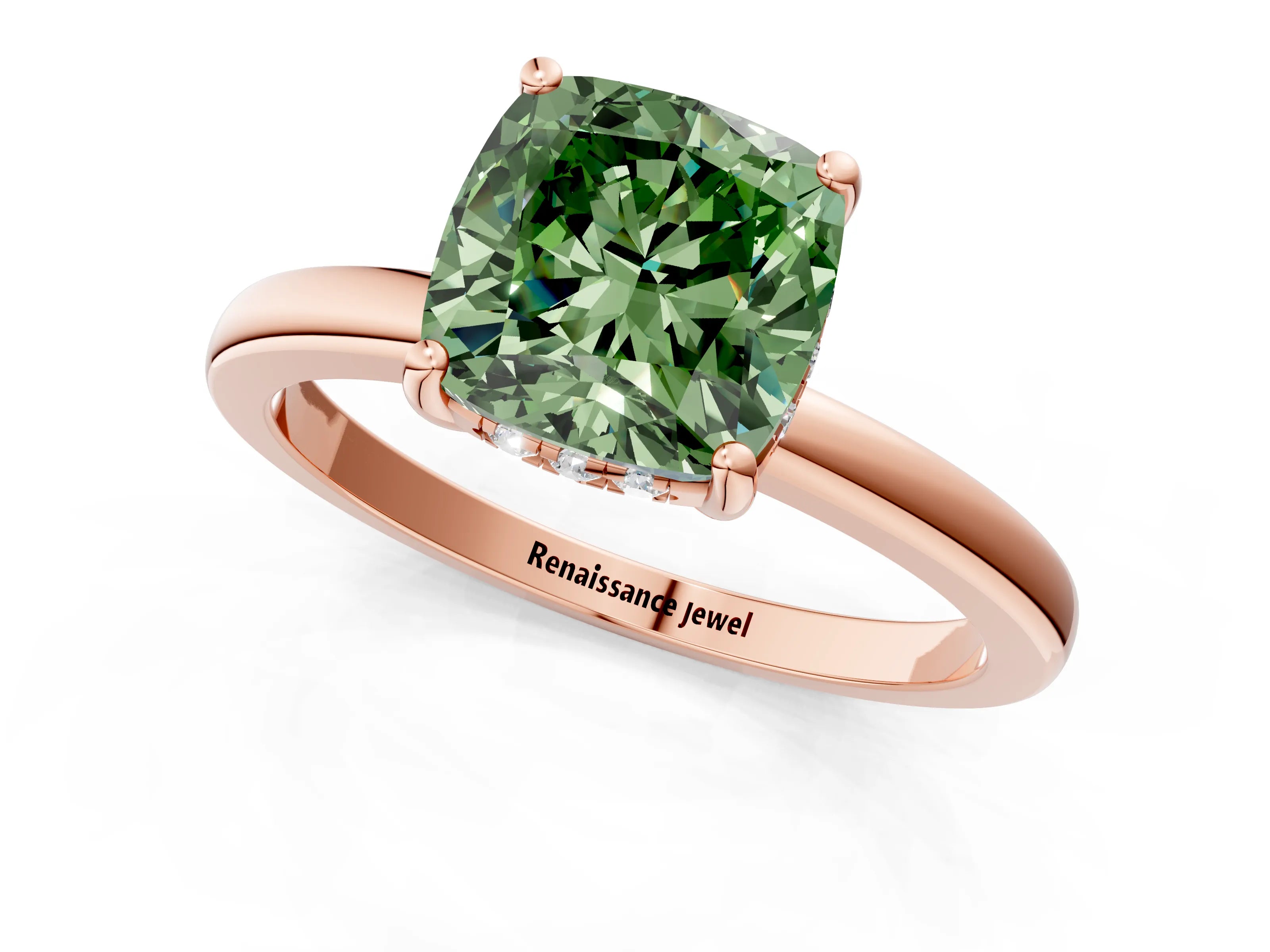 Rose gold Fancy Green Cushion Cut Solitaire Diamond Ring with Prong Setting and Plain Band_1