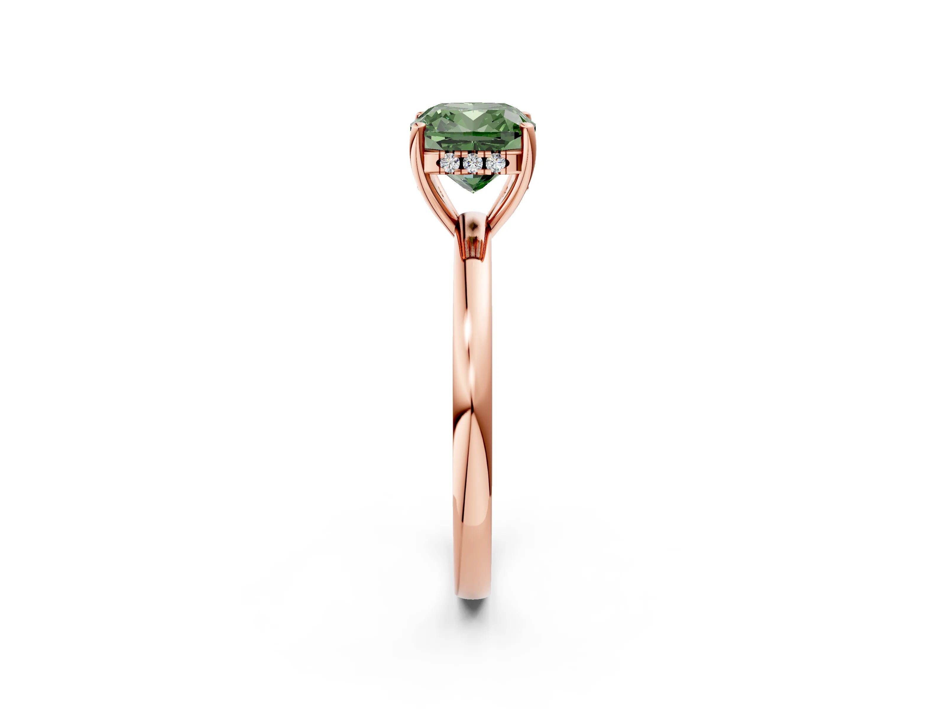 Rose gold Fancy Green Cushion Cut Solitaire Diamond Ring with Prong Setting and Plain Band_2