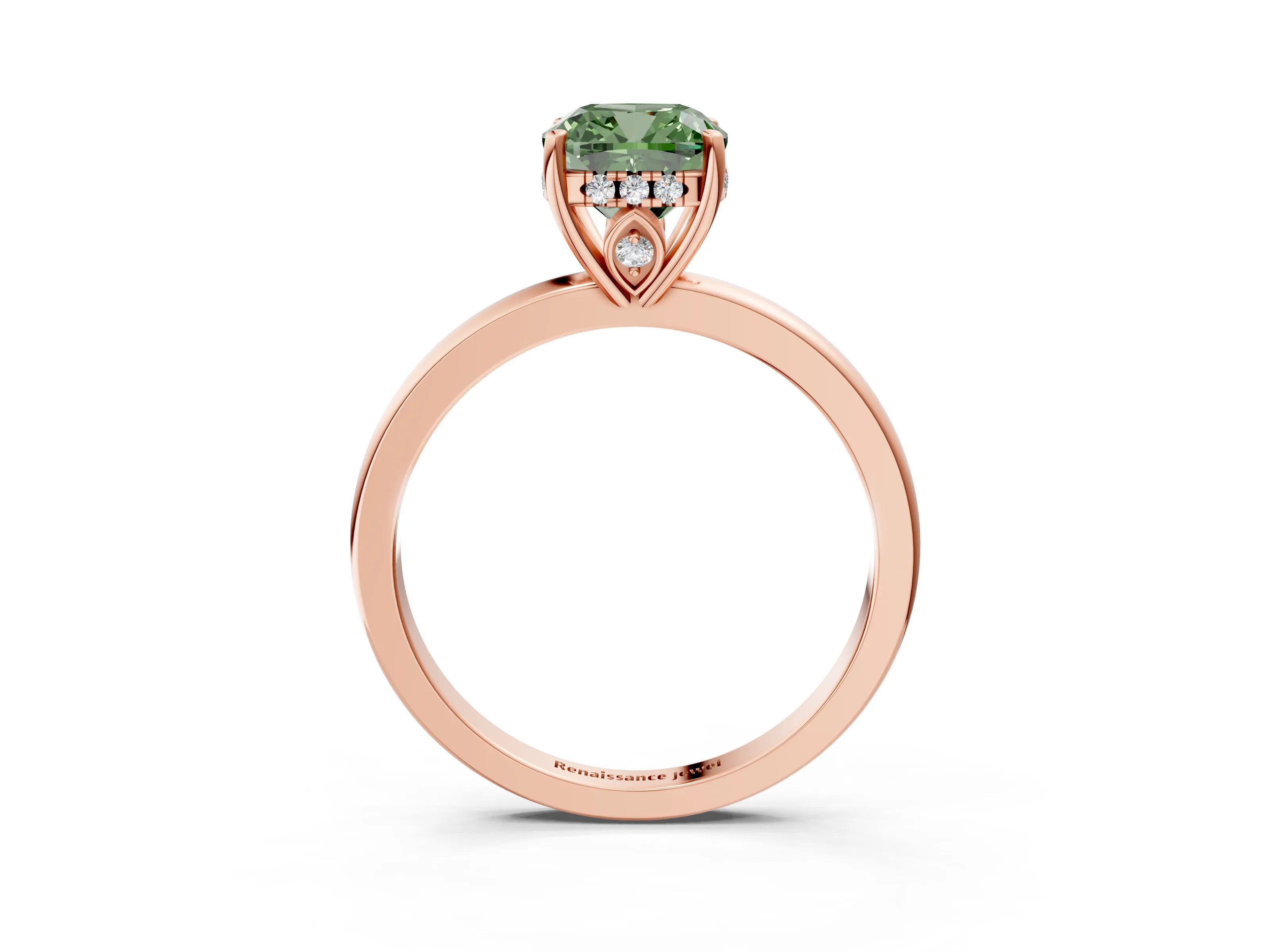 Rose gold Fancy Green Cushion Cut Solitaire Diamond Ring with Prong Setting and Plain Band_3