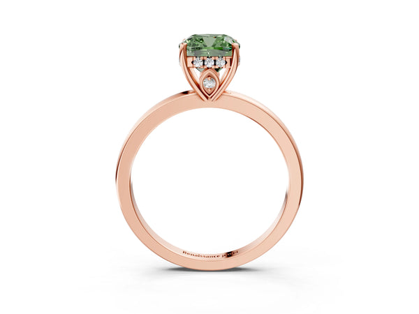 Rose gold Fancy Green Cushion Cut Solitaire Diamond Ring with Prong Setting and Plain Band