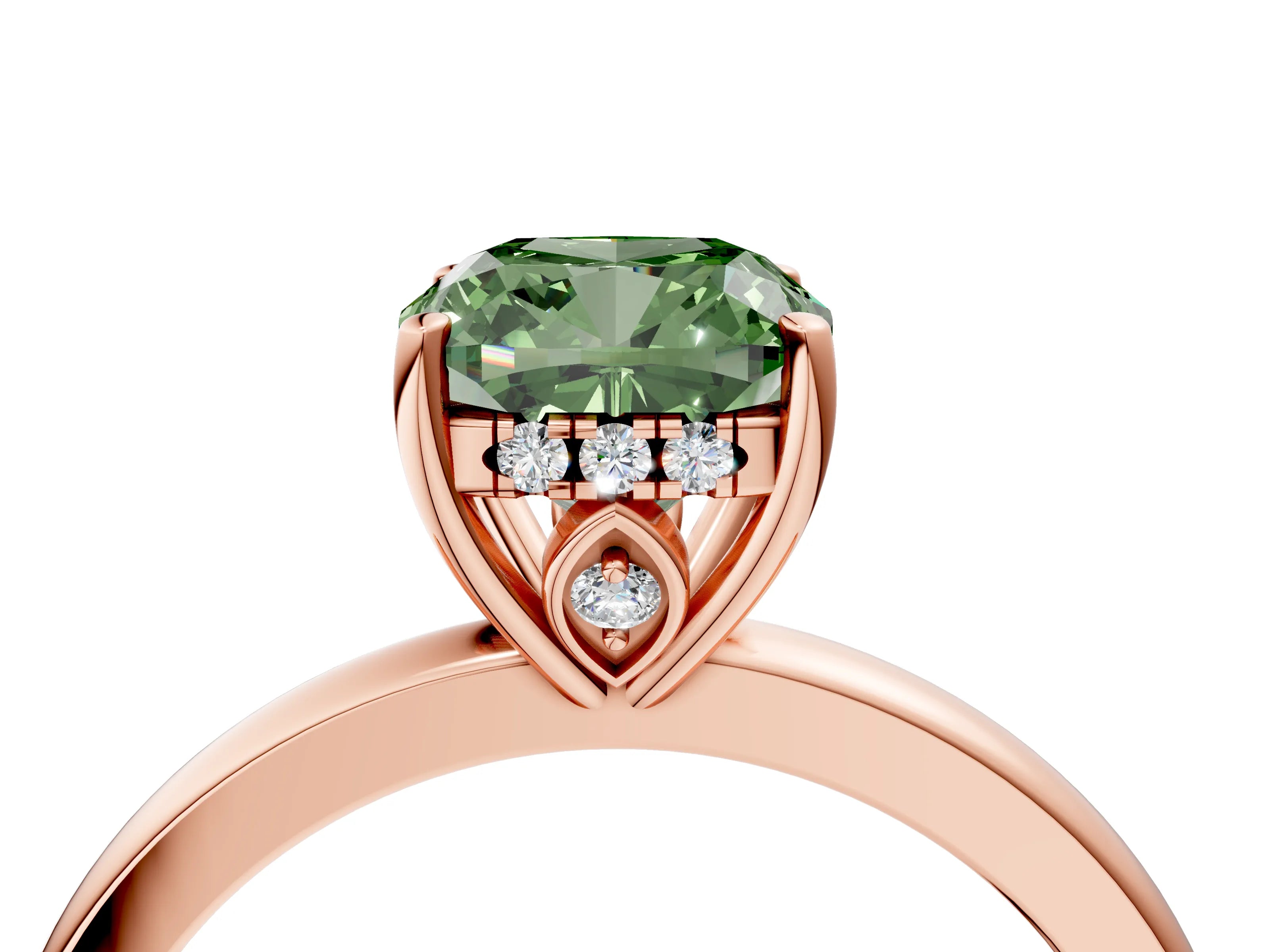 Rose gold Fancy Green Cushion Cut Solitaire Diamond Ring with Prong Setting and Plain Band_4