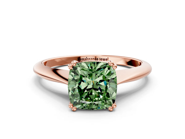 Rose gold Fancy Green Cushion Cut Solitaire Diamond Ring with Six-Prong Setting and Classic Band