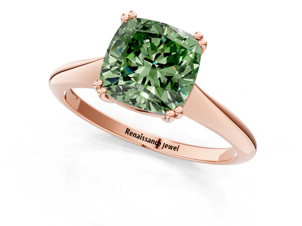 Rose gold Fancy Green Cushion Cut Solitaire Diamond Ring with Six-Prong Setting and Classic Band