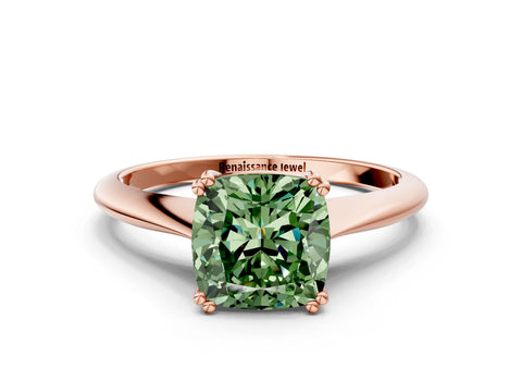Rose gold Fancy Green Cushion Cut Solitaire Diamond Ring with Six-Prong Setting and Classic Band