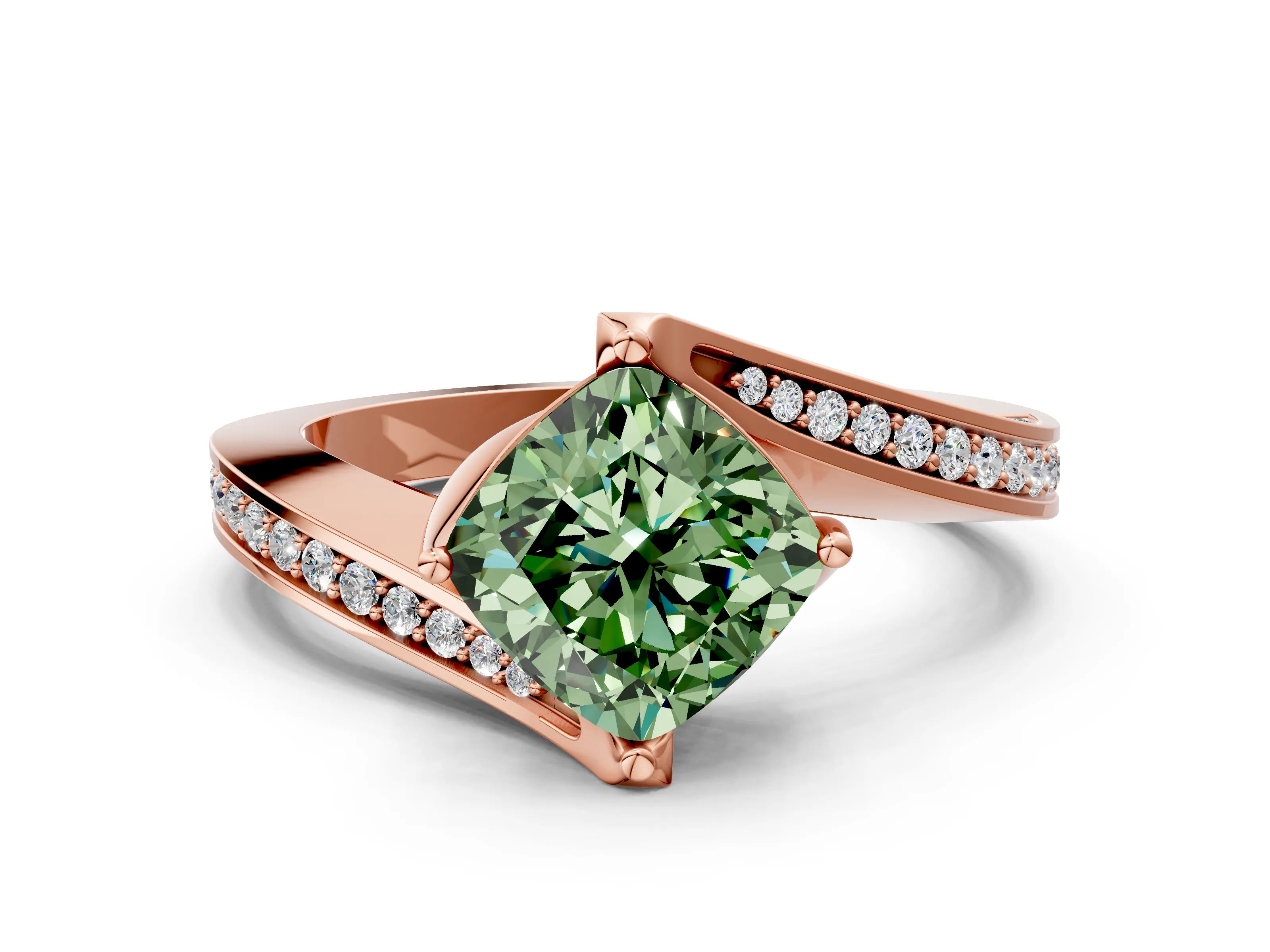 Rose gold Fancy Green Cushion Cut Solitaire Diamond Twist Band with Pavé Setting and Four-Prong Setting