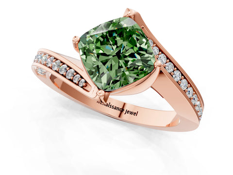 Rose gold Fancy Green Cushion Cut Solitaire Diamond Twist Band with Pavé Setting and Four-Prong Setting_1