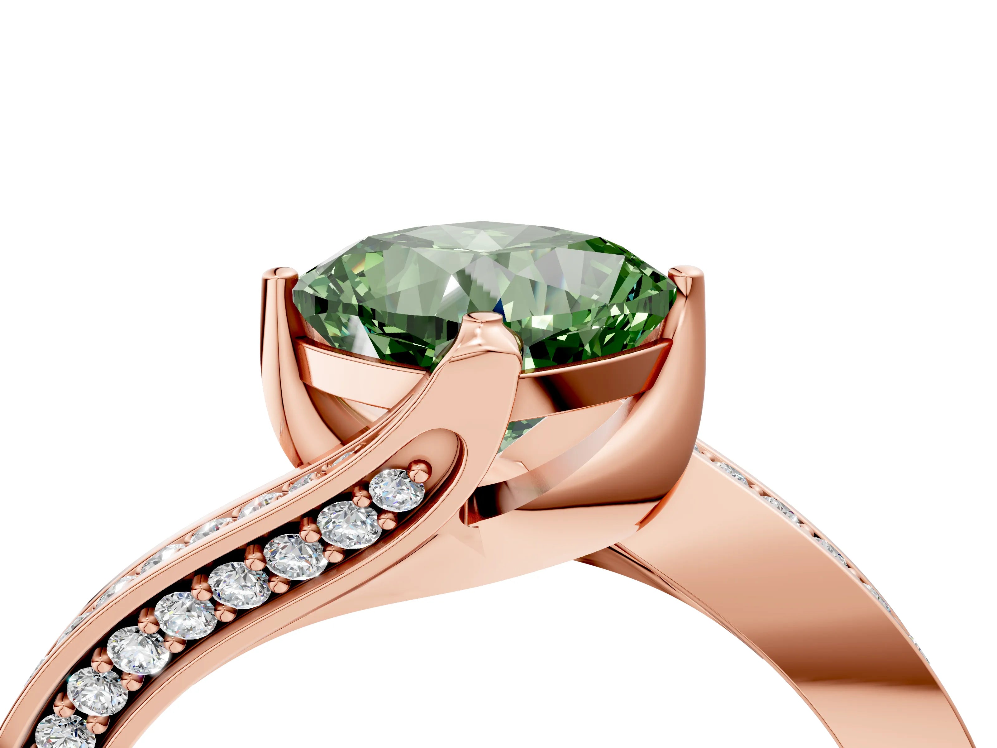 Rose gold Fancy Green Cushion Cut Solitaire Diamond Twist Band with Pavé Setting and Four-Prong Setting_4