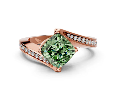 Rose gold Fancy Green Cushion Cut Solitaire Diamond Twist Band with Pavé Setting and Four-Prong Setting