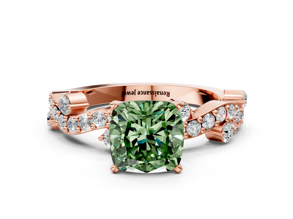 Rose gold Fancy Green Cushion  Cut Solitaire Diamond Twisted Band with Pave Setting