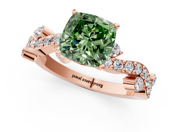 Rose gold Fancy Green Cushion  Cut Solitaire Diamond Twisted Band with Pave Setting