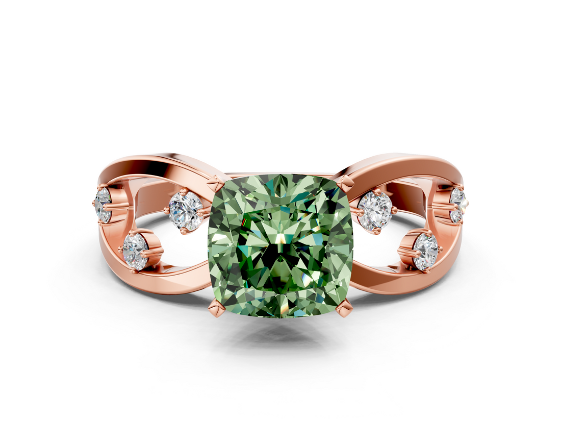Rose gold Fancy Green Cushion  Cut Solitaire Diamond with Side Stones on Criss-Cross Band and Four-Prong Setting_3