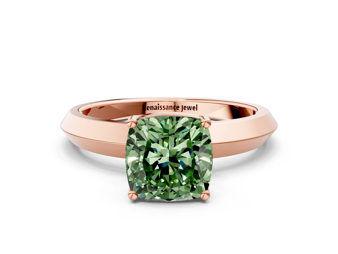 Rose gold Fancy Green Cushion  Cut Solitaire Engagement Ring with Flat Band and Four-Prong Setting
