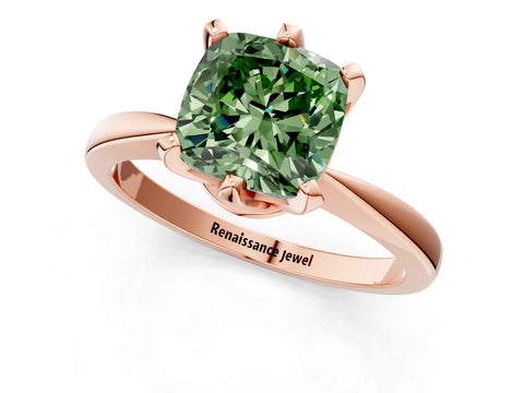 Rose gold Fancy Green Cushion Cut Solitaire Engagement Ring with Six-Prong Setting and Tapered Band_1
