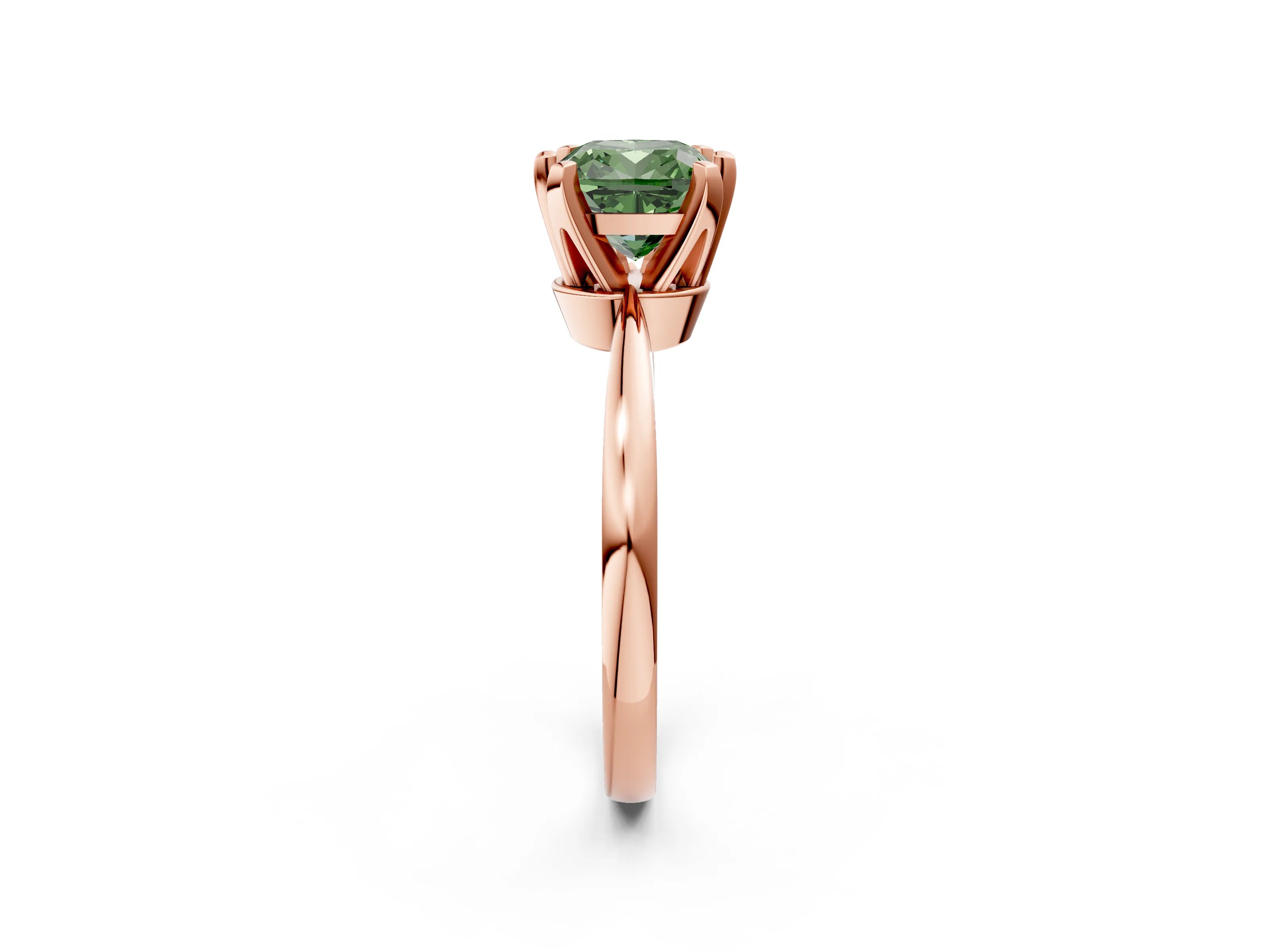 Rose gold Fancy Green Cushion Cut Solitaire Engagement Ring with Six-Prong Setting and Tapered Band_2