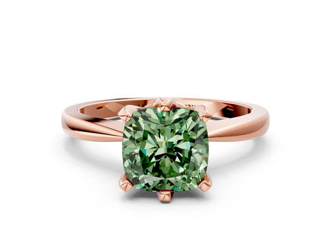 Rose gold Fancy Green Cushion Cut Solitaire Engagement Ring with Six-Prong Setting and Tapered Band