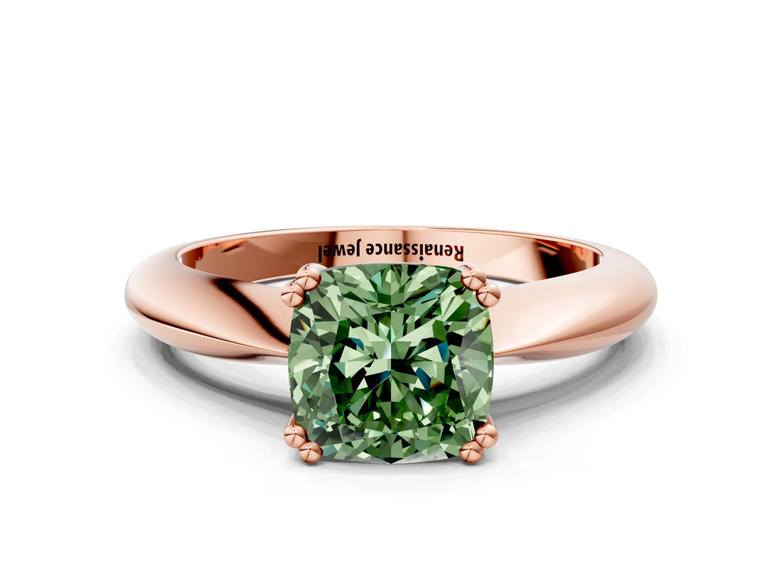 Rose gold Fancy Green Cushion  Cut Solitaire Engagement Ring with Tapered Band and Four-Prong Setting 1