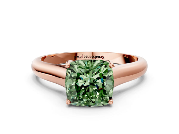 Rose gold Fancy Green Cushion Cut Solitaire Engagement Ring with Tapered Band and Four-Prong Setting