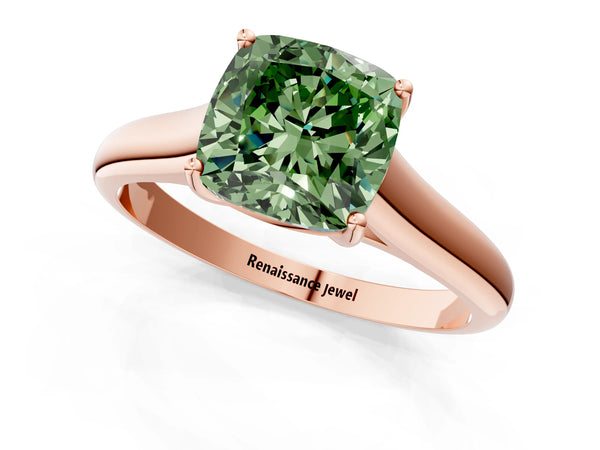 Rose gold Fancy Green Cushion Cut Solitaire Engagement Ring with Tapered Band and Four-Prong Setting