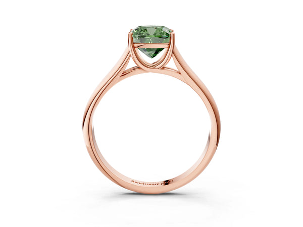 Rose gold Fancy Green Cushion Cut Solitaire Engagement Ring with Tapered Band and Four-Prong Setting