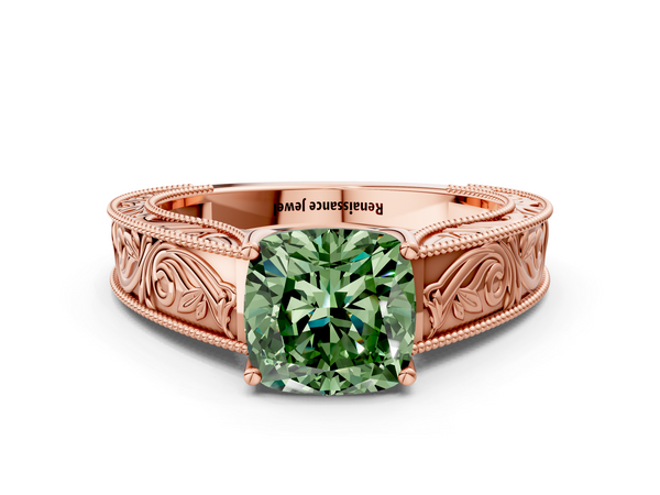 Rose gold Fancy Green Cushion Cut Diamond Solitaire Ring with Engraved Band and Four-Prong Setting