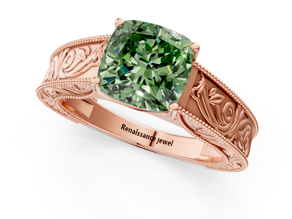 Rose gold Fancy Green Cushion Cut Diamond Solitaire Ring with Engraved Band and Four-Prong Setting