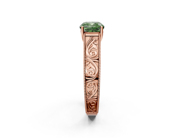 Rose gold Fancy Green Cushion Cut Diamond Solitaire Ring with Engraved Band and Four-Prong Setting