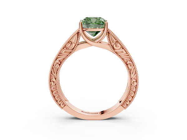 Rose gold Fancy Green Cushion Cut Diamond Solitaire Ring with Engraved Band and Four-Prong Setting