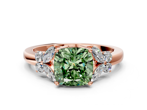 Rose gold Fancy Green Cushion  Cut Solitaire Floral Diamond Ring with Four-Prong Setting