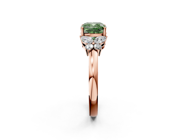 Rose gold Fancy Green Cushion  Cut Solitaire Floral Diamond Ring with Four-Prong Setting