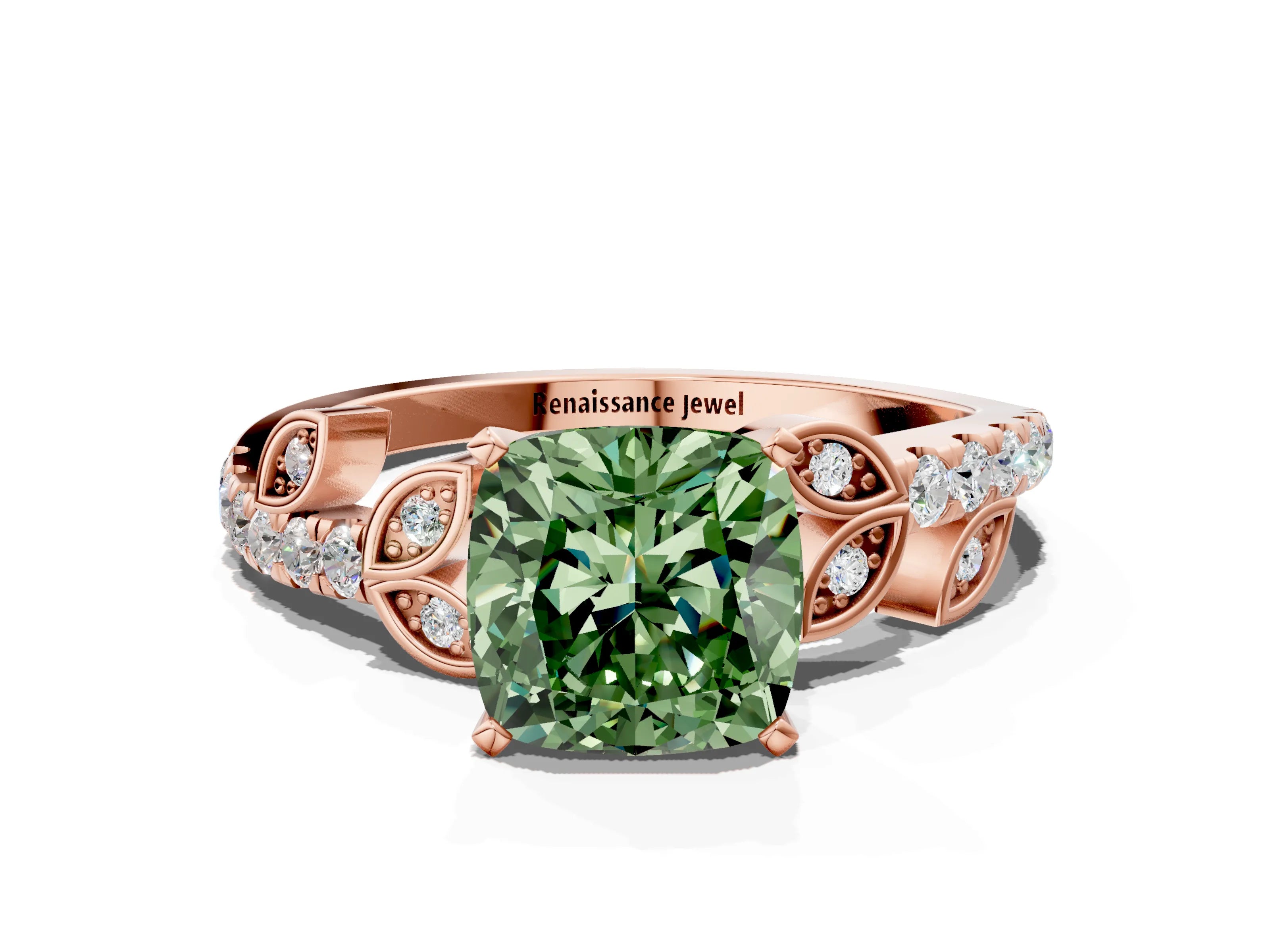 Rose gold Fancy Green Cushion Cut Solitaire Leaf-Inspired Diamond Ring with Pavé Band and Four-Prong Setting