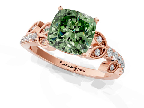 Rose gold Fancy Green Cushion Cut Solitaire Leaf-Inspired Diamond Ring with Pavé Band and Four-Prong Setting_1