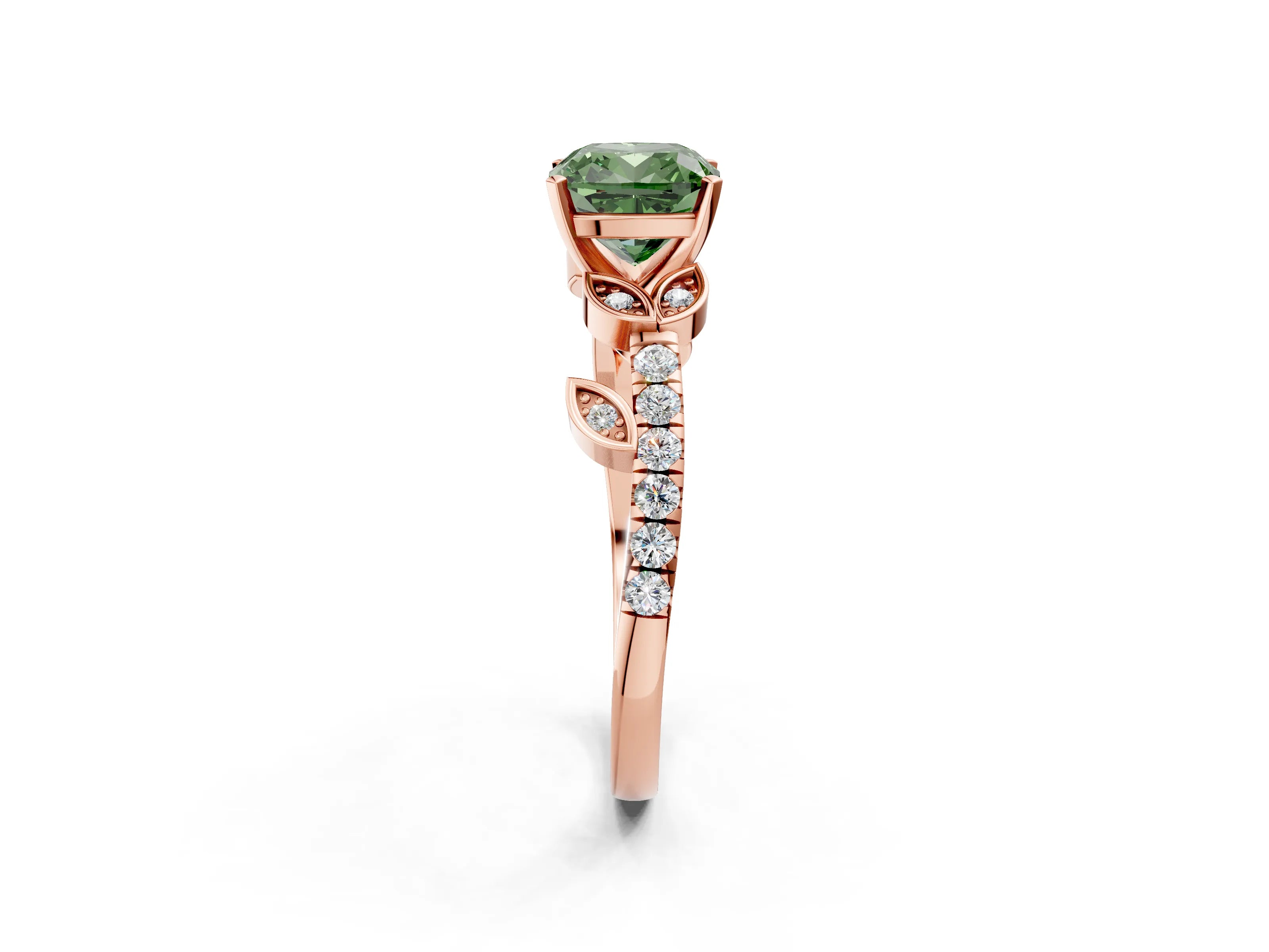 Rose gold Fancy Green Cushion Cut Solitaire Leaf-Inspired Diamond Ring with Pavé Band and Four-Prong Setting_2