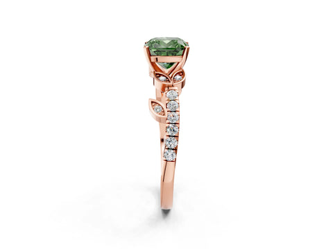 Rose gold Fancy Green Cushion Cut Solitaire Leaf-Inspired Diamond Ring with Pavé Band and Four-Prong Setting_2