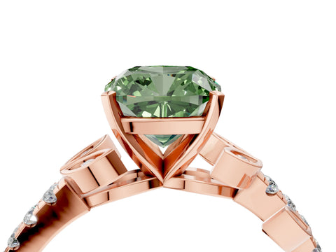 Rose gold Fancy Green Cushion Cut Solitaire Leaf-Inspired Diamond Ring with Pavé Band and Four-Prong Setting_4