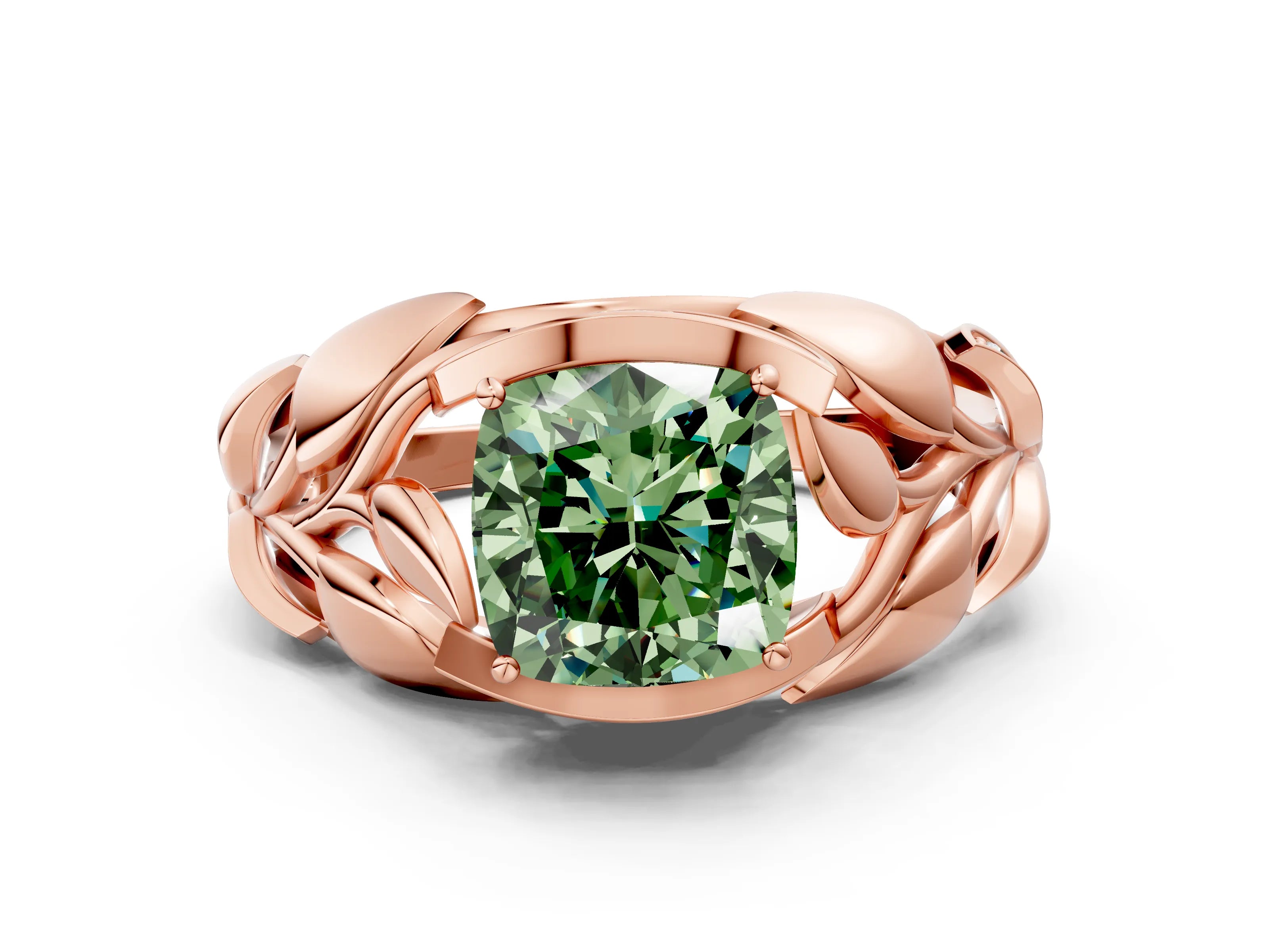 Rose gold Fancy Green Cushion Cut Solitaire Leaf-Inspired Engagement Ring with Prong Setting