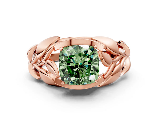 Rose gold Fancy Green Cushion Cut Solitaire Leaf-Inspired Engagement Ring with Prong Setting