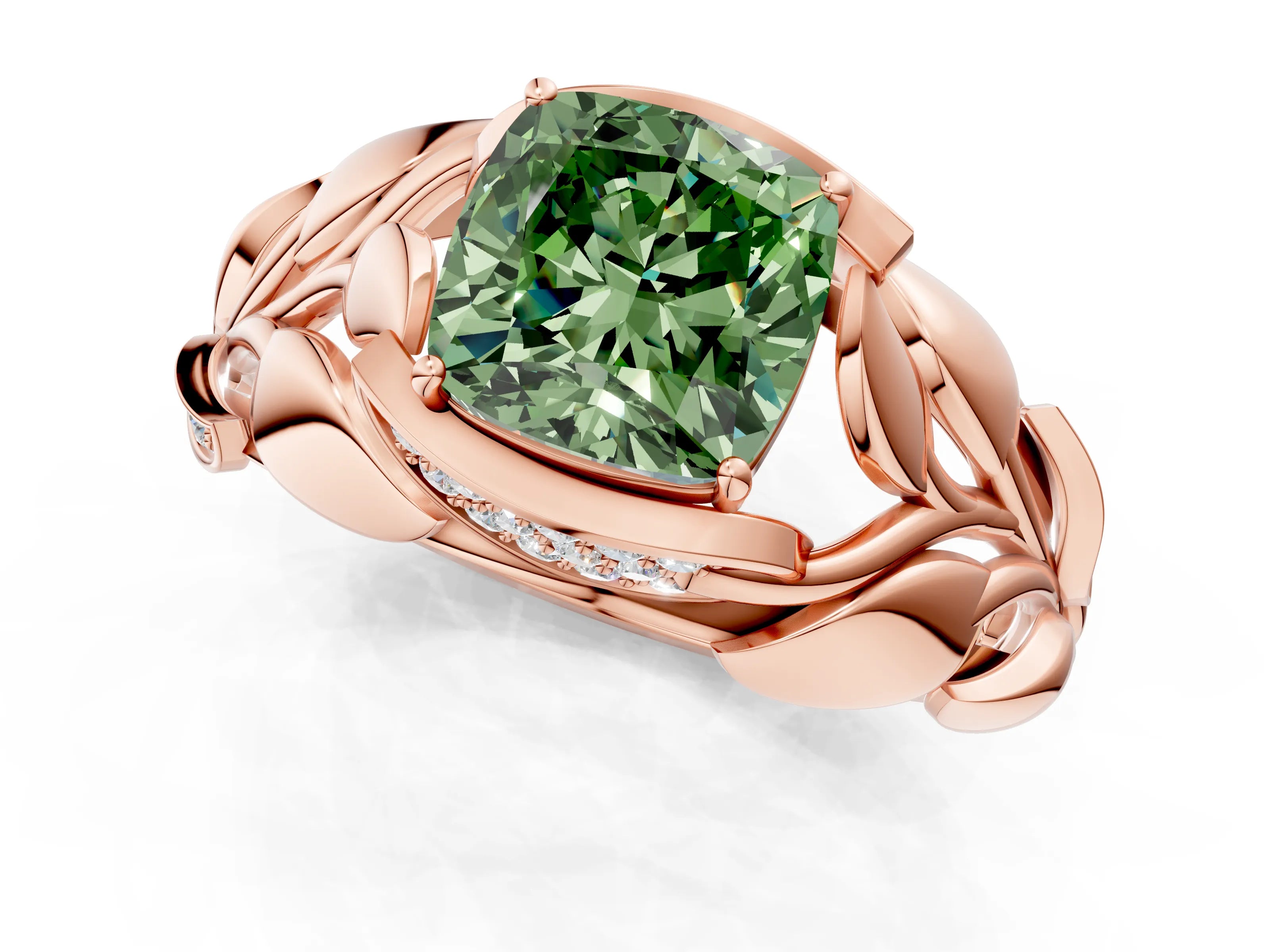 Rose gold Fancy Green Cushion Cut Solitaire Leaf-Inspired Engagement Ring with Prong Setting_1
