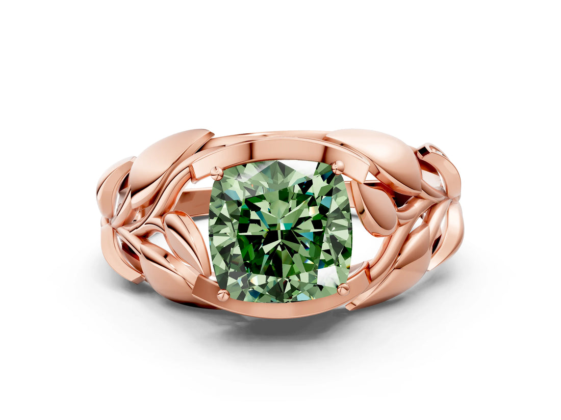 Rose gold Fancy Green Cushion Cut Solitaire Leaf-Inspired Engagement Ring with Prong Setting_12