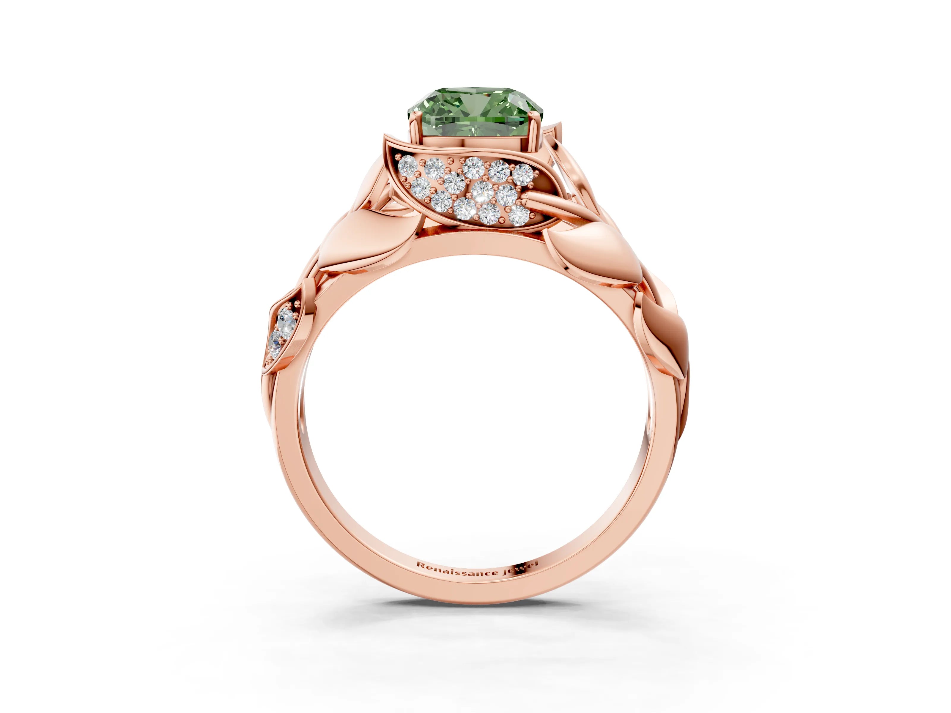 Rose gold Fancy Green Cushion Cut Solitaire Leaf-Inspired Engagement Ring with Prong Setting_3