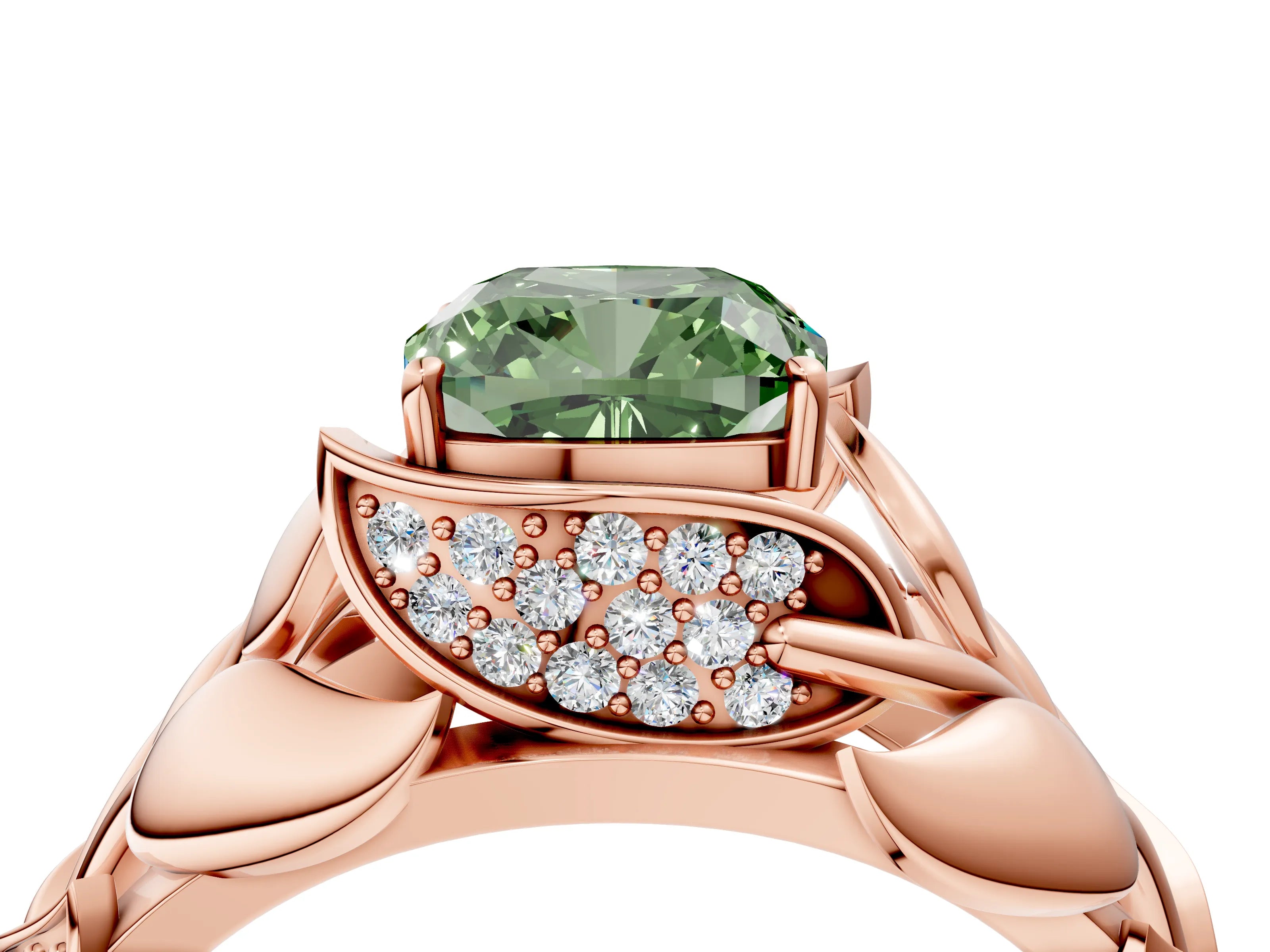 Rose gold Fancy Green Cushion Cut Solitaire Leaf-Inspired Engagement Ring with Prong Setting_4