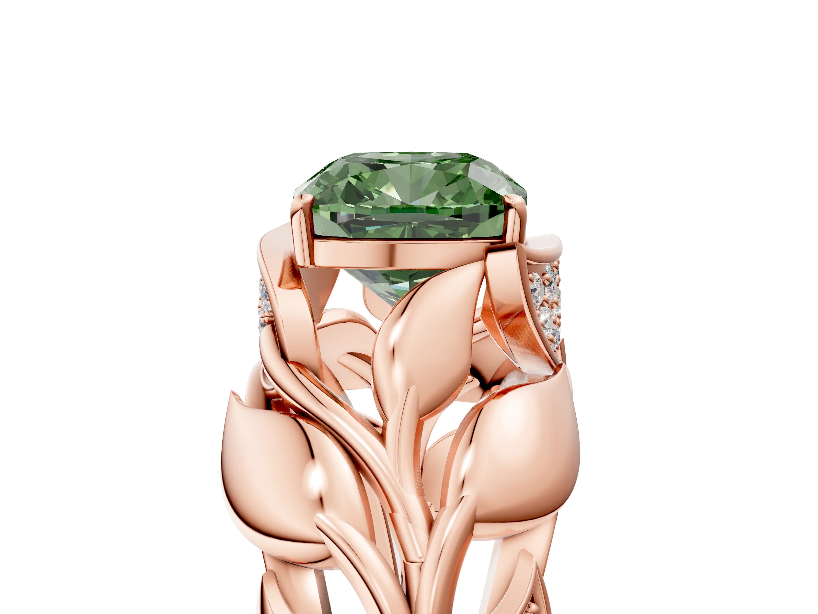 Rose gold Fancy Green Cushion Cut Solitaire Leaf-Inspired Engagement Ring with Prong Setting_5