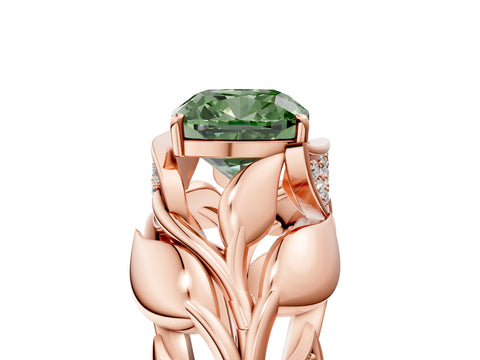 Rose gold Fancy Green Cushion Cut Solitaire Leaf-Inspired Engagement Ring with Prong Setting_5