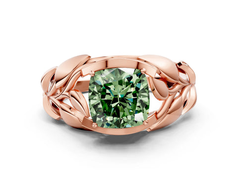 Rose gold Fancy Green Cushion Cut Solitaire Leaf-Inspired Engagement Ring with Prong Setting