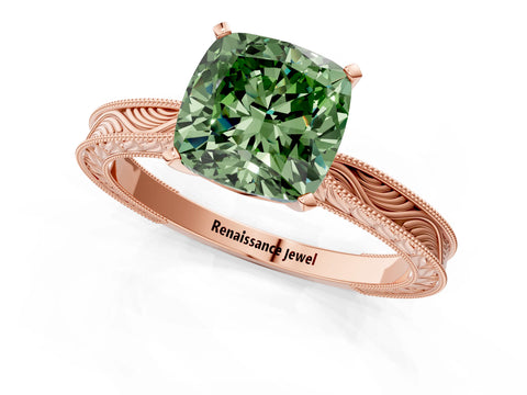 Rose gold Fancy Green Cushion Cut Solitaire Milgrain Engraved Band with Four-Prong Setting_1