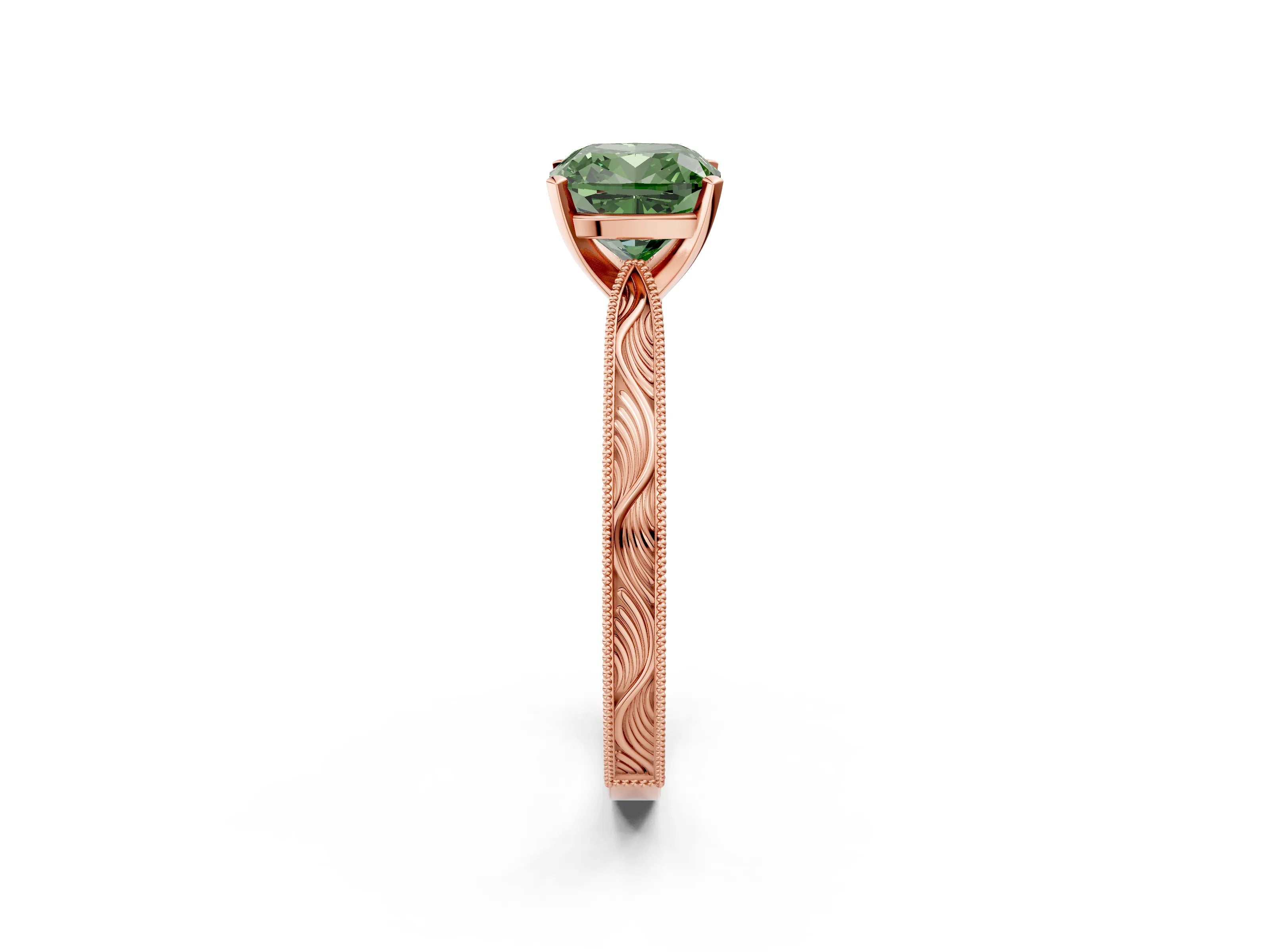 Rose gold Fancy Green Cushion Cut Solitaire Milgrain Engraved Band with Four-Prong Setting_2